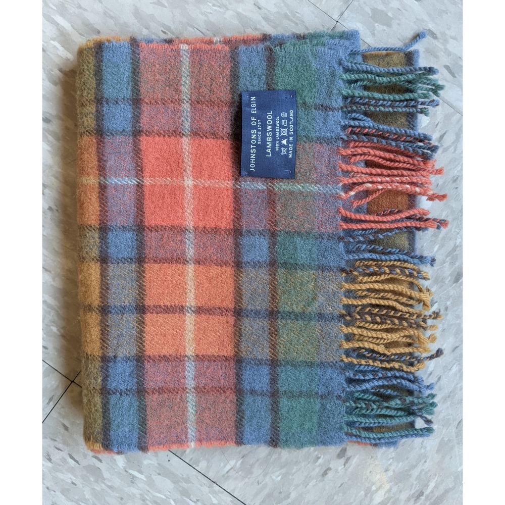 Johnstons of Elgin Lambswool Plaid Scarf Made in Scotland Multi Color Fringe
